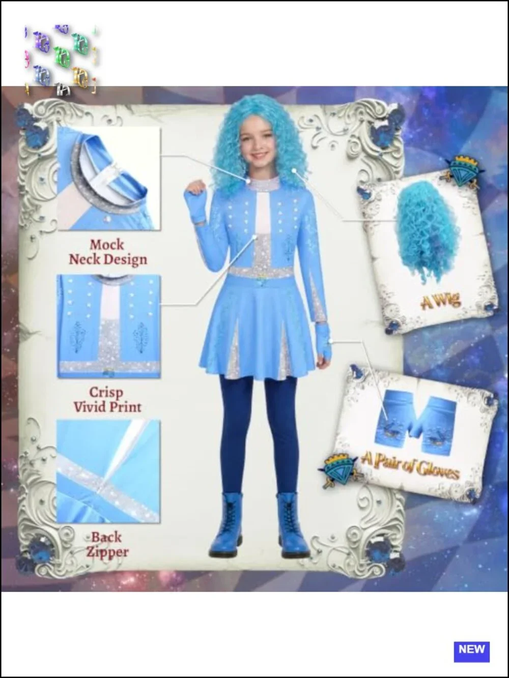 Girls Princess Cosplay Jumpsuit Costume Set with Gloves and Wig, Long Sleeve,